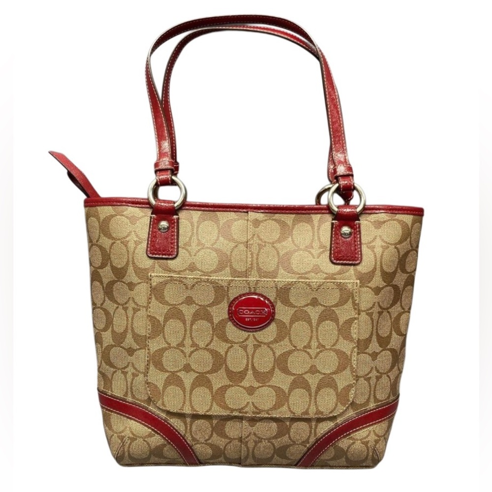 COACH PEYTON SIGNATURE TOTE Tan Red khaki and brown monogram Canvas leather trim
